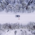 Aerial,View,,Couple,Of,Travelers,Stopped,On,Road,During,Winter